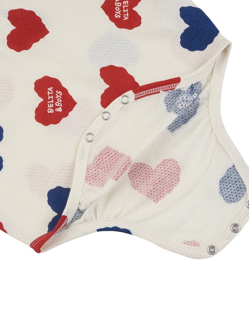BABY Ivory Red Blue Heart Pattern Mesh Sleeveless Bodysuit