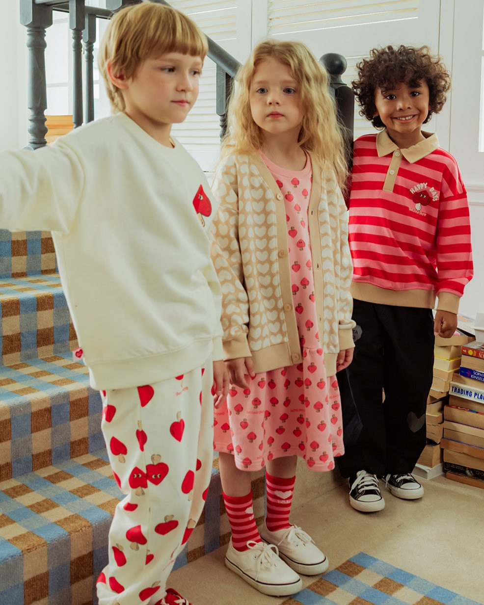 Beige Grid BB Heart Pattern Knit Cardigan