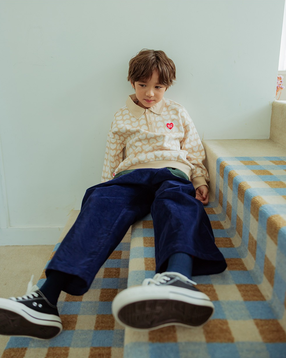 Beige Grid BB Heart Pattern Collar Knit Sweater