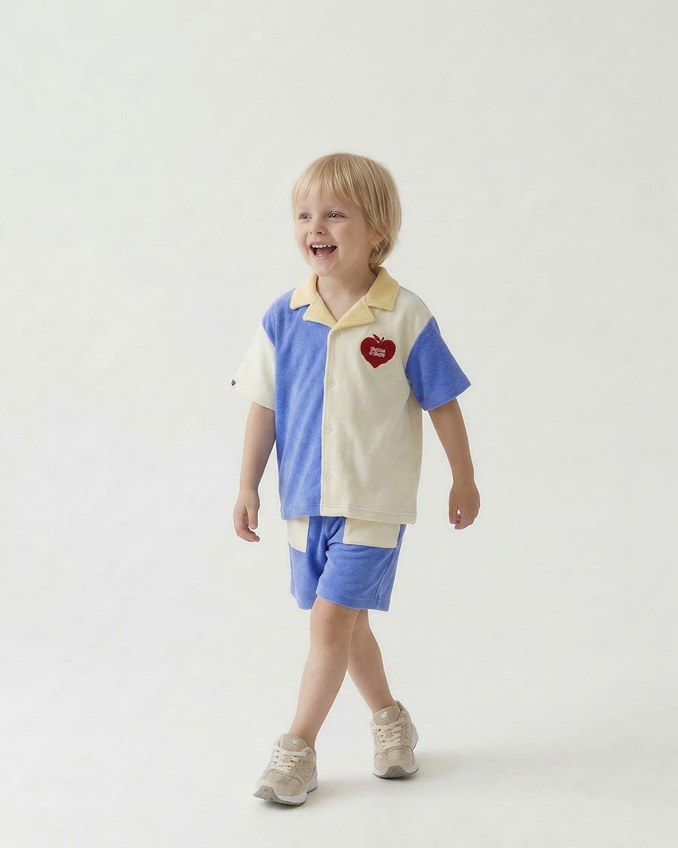 Blue Bubble Apple Color Block Terry Collar Shirt