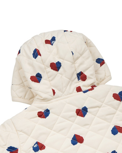 BABY Cream Red Blue Heart Quilted Hooded Jumpsuit