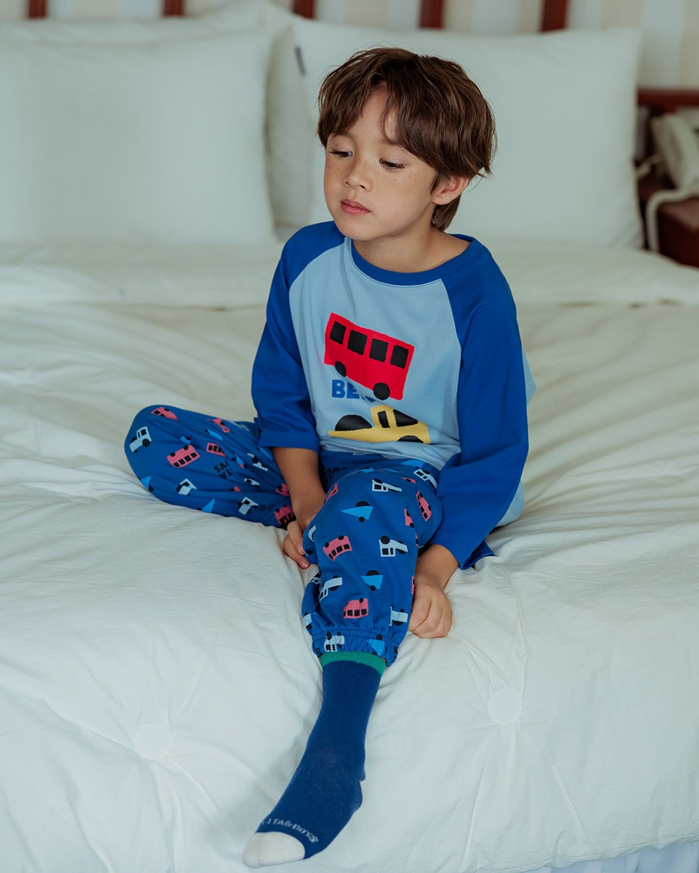 Blue Bus and Truck Color Block Raglan Mid Sleeve