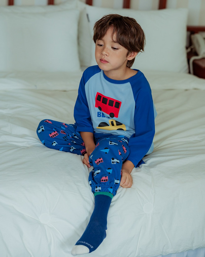 Blue Bus and Truck Color Block Raglan Mid Sleeve