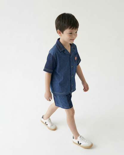 Dark Blue Color Block Denim Shorts