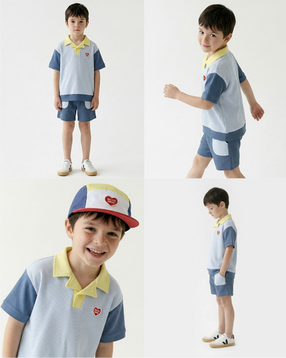 Blue BB Heart Pocket Color Block Waffle Shorts