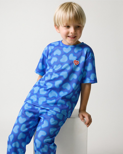 Blue Water Dye Heart Pattern Mesh Jogger