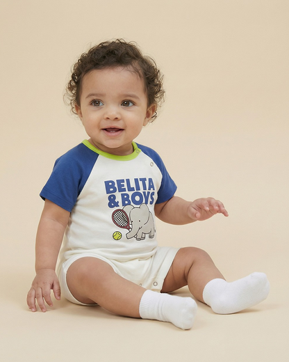 BABY Blue Elephant Color Block Short Jumpsuit