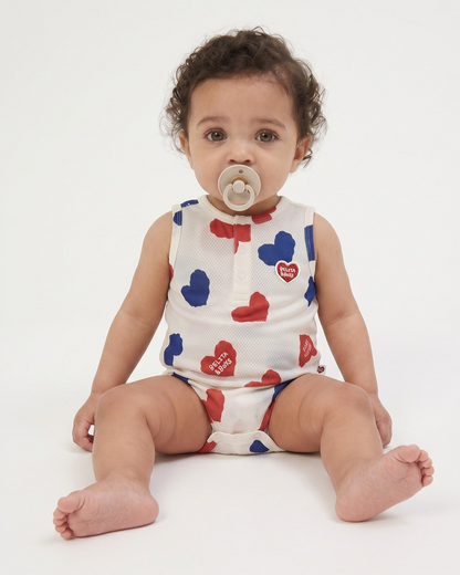 BABY Ivory Red Blue Heart Pattern Mesh Sleeveless Bodysuit
