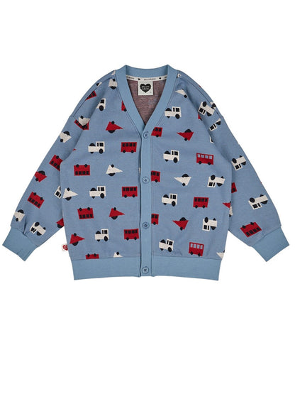 Light Blue Bus and Truck Pattern Knit Cardigan