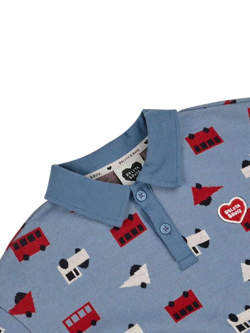 Light Blue Bus and Truck Pattern Collar Knit Sweater