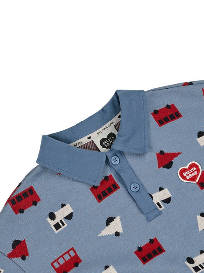 Light Blue Bus and Truck Pattern Collar Knit Sweater