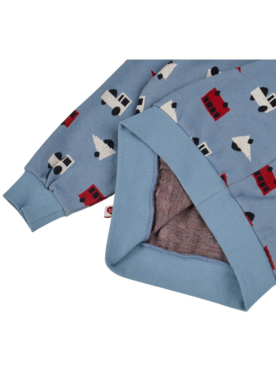 Light Blue Bus and Truck Pattern Collar Knit Sweater