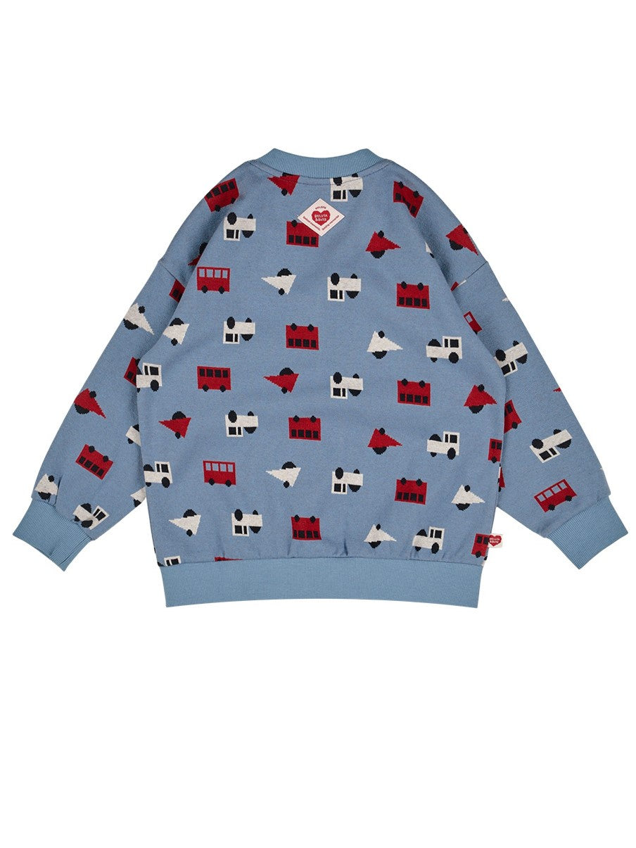 Light Blue Bus and Truck Pattern Knit Cardigan