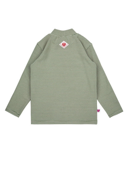 Green BB Heart Stripe High Neck Long Sleeve