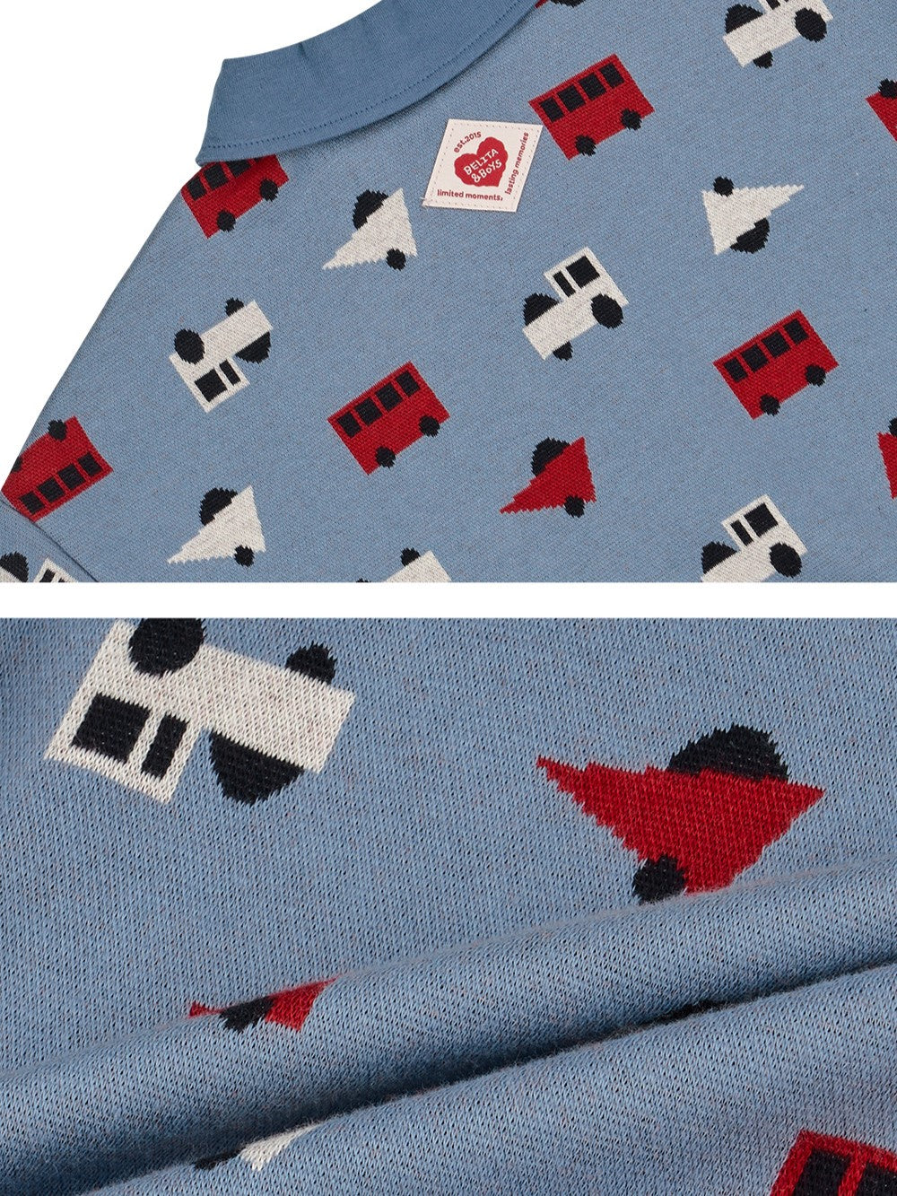 Light Blue Bus and Truck Pattern Collar Knit Sweater