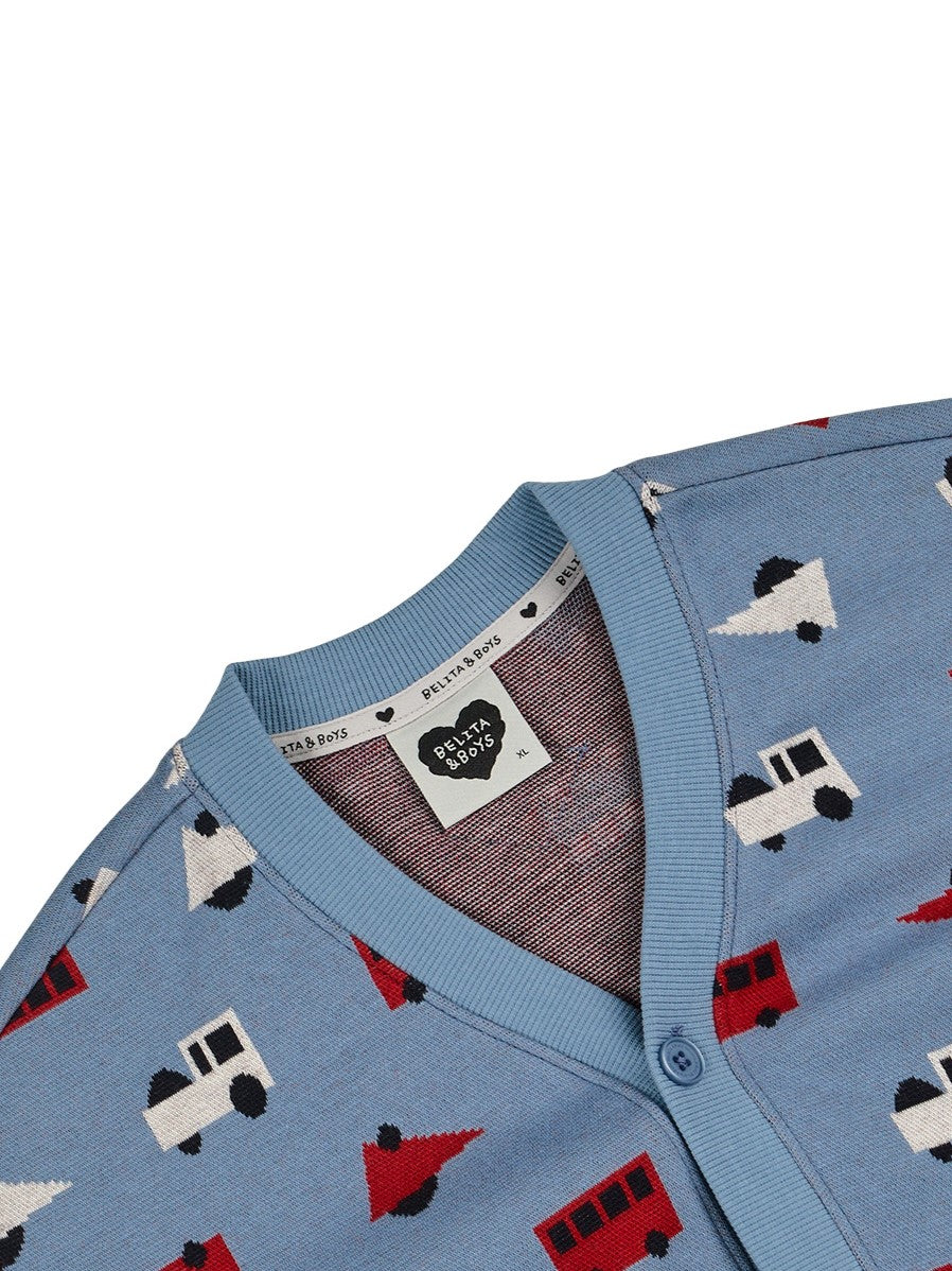 Light Blue Bus and Truck Pattern Knit Cardigan
