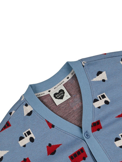 Light Blue Bus and Truck Pattern Knit Cardigan