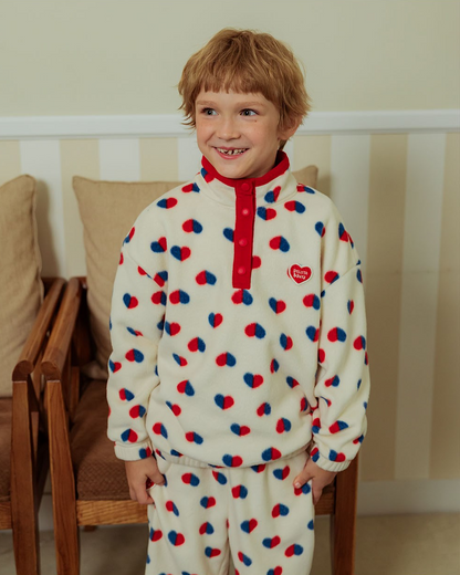 [SET] Ivory Red Blue Heart Pattern Fleece High Neck Jogger