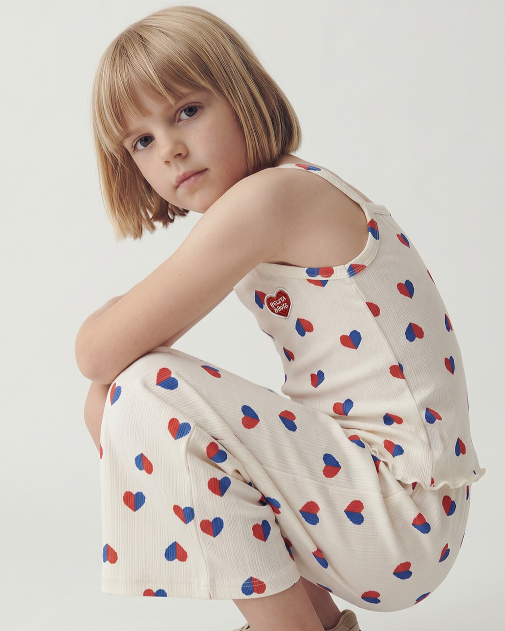 GIRL Ivory Red Blue Heart Pattern Sleeveless