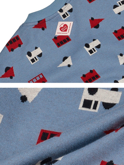 Light Blue Bus and Truck Pattern Knit Cardigan