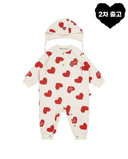 [BABY SET] Red BB Heart Pattern Jumpsuit & Bonnet