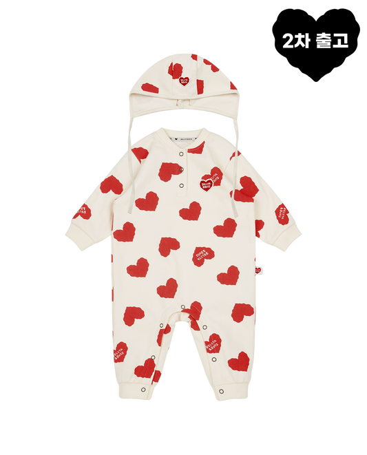[BABY SET] Red BB Heart Pattern Jumpsuit & Bonnet