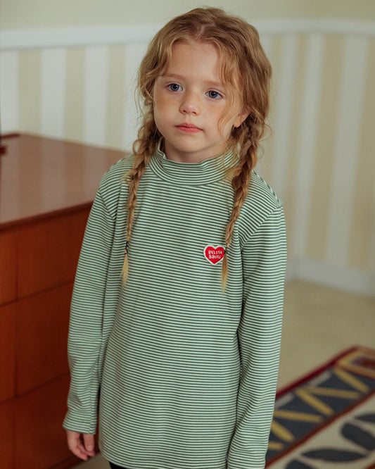 Green BB Heart Stripe High Neck Long Sleeve