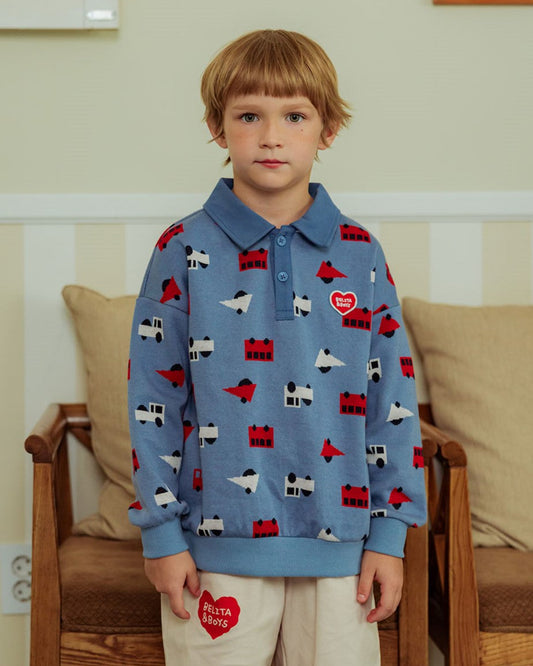 Light Blue Bus and Truck Pattern Collar Knit Sweater
