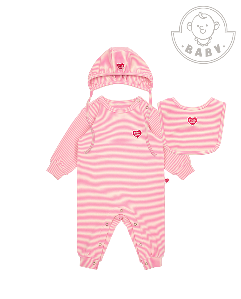 [BABY SET] Pink Stripe Brushed Jumpsuit & Bib & Bonnet