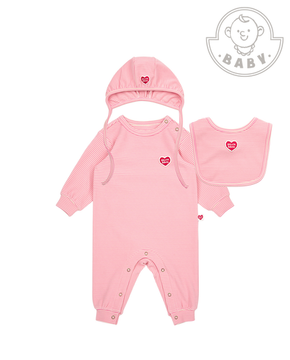 [BABY SET] Pink Stripe Brushed Jumpsuit & Bib & Bonnet