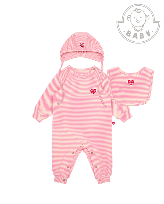 [BABY SET] Pink Stripe Brushed Jumpsuit & Bib & Bonnet