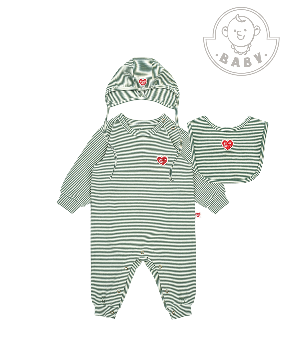 [BABY SET] Green Stripe Brushed Jumpsuit & Bib & Bonnet