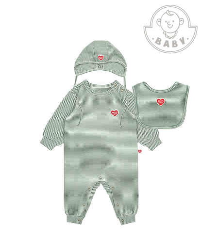 [BABY SET] Green Stripe Brushed Jumpsuit & Bib & Bonnet