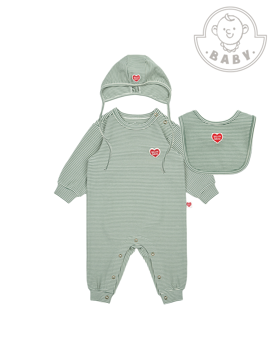 [BABY SET] Green Stripe Brushed Jumpsuit & Bib & Bonnet