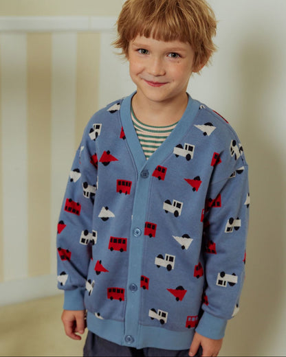 Light Blue Bus and Truck Pattern Knit Cardigan