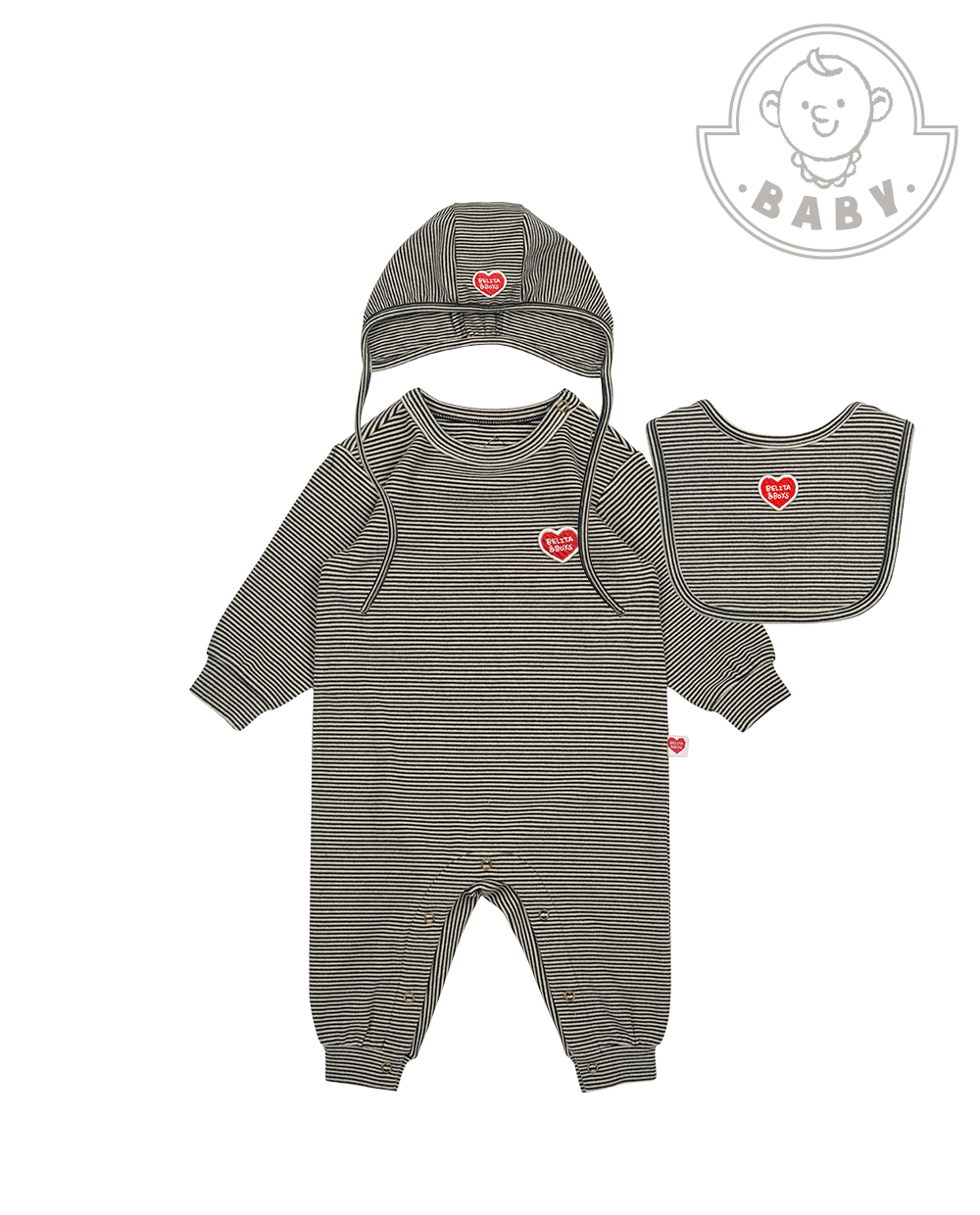 [BABY SET] Black Stripe Brushed Jumpsuit & Bib & Bonnet