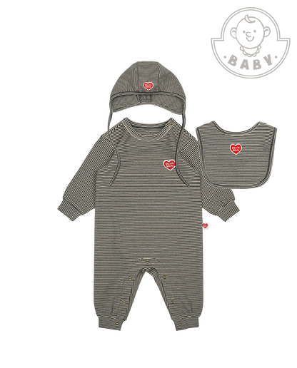 [BABY SET] Black Stripe Brushed Jumpsuit & Bib & Bonnet