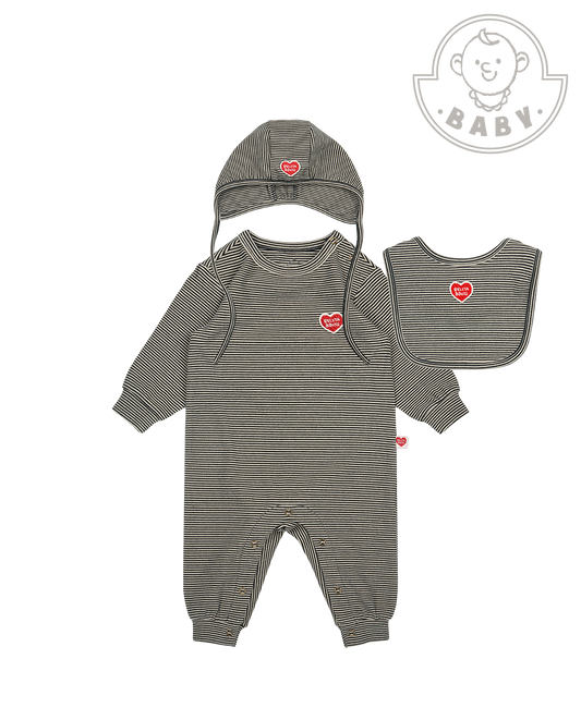 [BABY SET] Black Stripe Brushed Jumpsuit & Bib & Bonnet