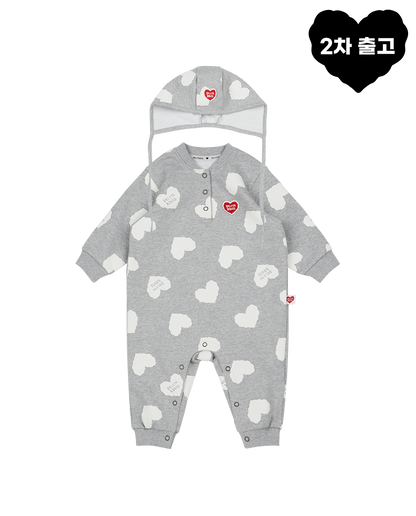 [BABY SET] Grey BB Heart Pattern Jumpsuit & Bonnet
