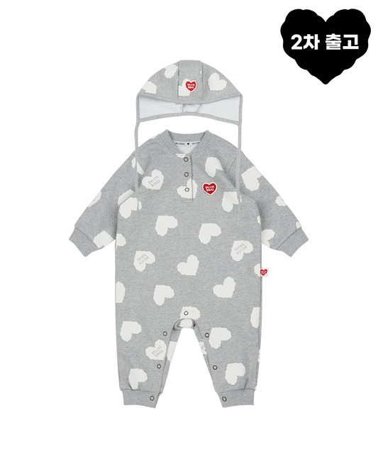 [BABY SET] Grey BB Heart Pattern Jumpsuit & Bonnet