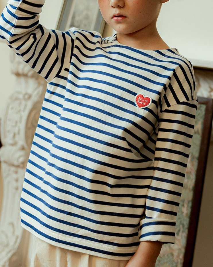 Blue Stripe BB Heart Boat Neck Long Sleeve