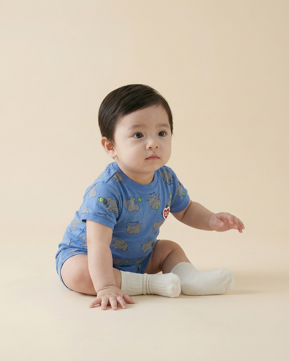 BABY Blue Elephant Pattern Short Jumpsuit