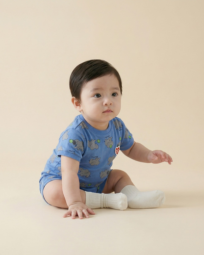 BABY Blue Elephant Pattern Short Jumpsuit