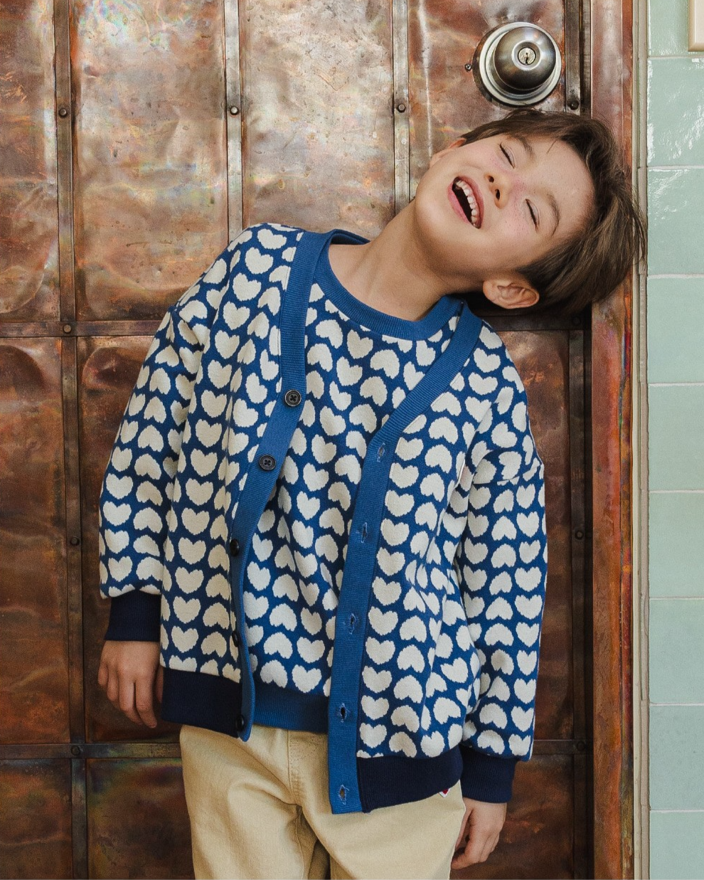 Dark Blue Heart Pattern Knit Cardigan