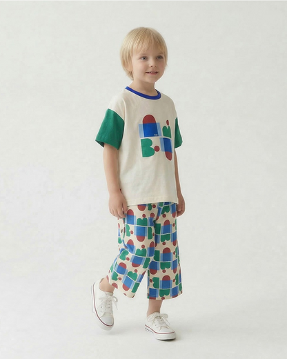 [SET] Cream BB Figure Color Block Pattern Crop