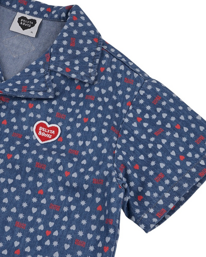 [SET] Blue BB Heart All-Over Denim Shirt & Shorts
