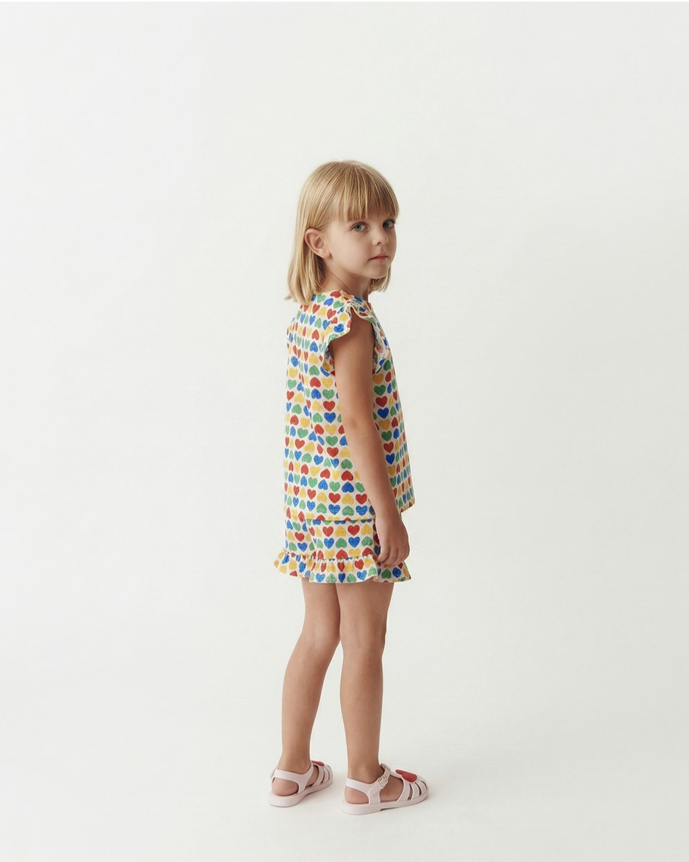 [GIRL SET] Cream Rainbow Heart Polysucker Blouse & Shorts