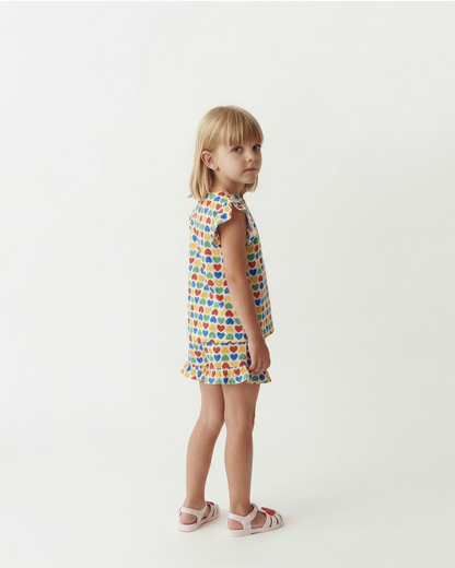[GIRL SET] Cream Rainbow Heart Polysucker Blouse & Shorts