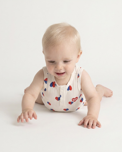 BABY Ivory Red Blue Heart Pattern Sleeveless Bodysuit