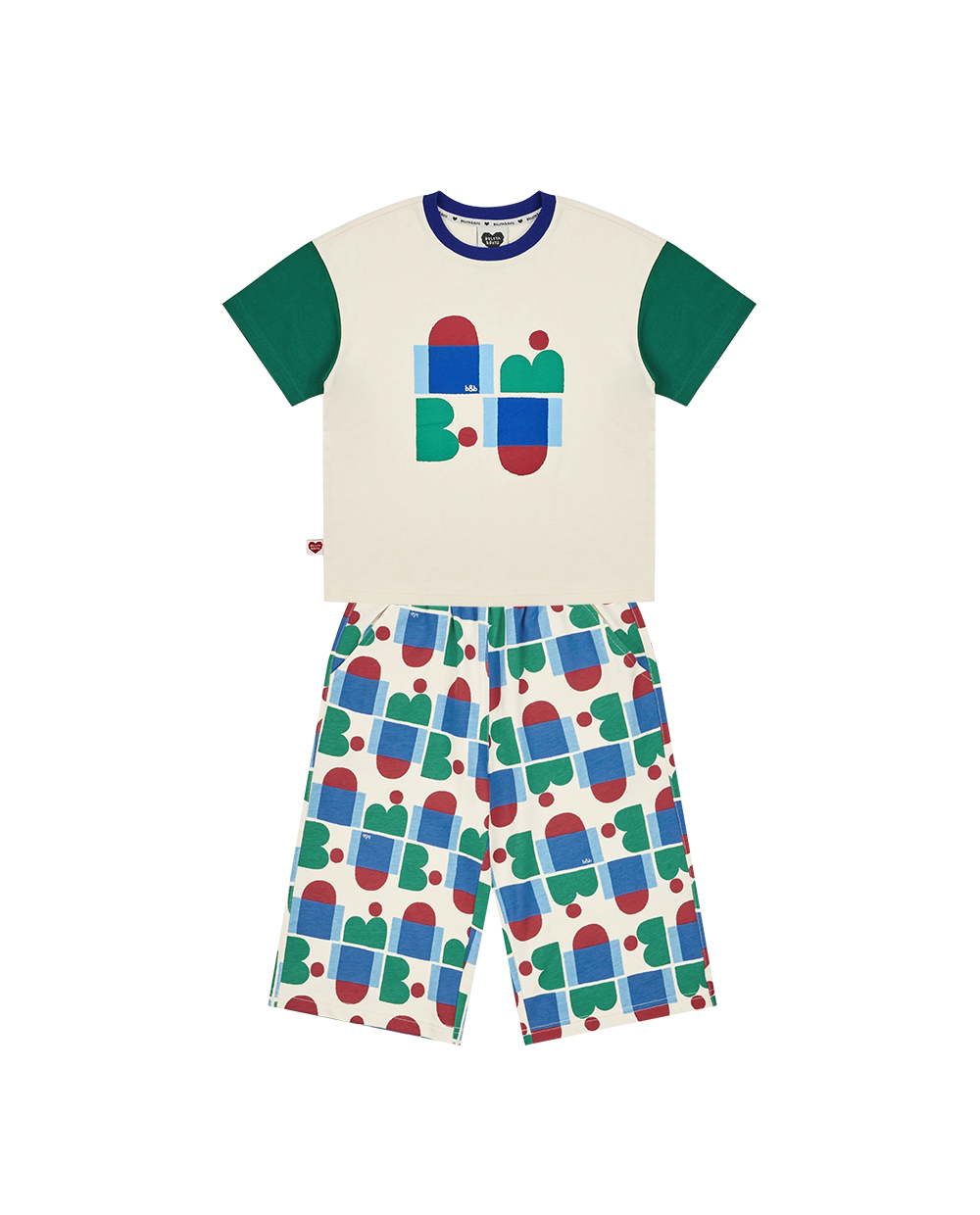 [SET] Cream BB Figure Color Block Pattern Crop